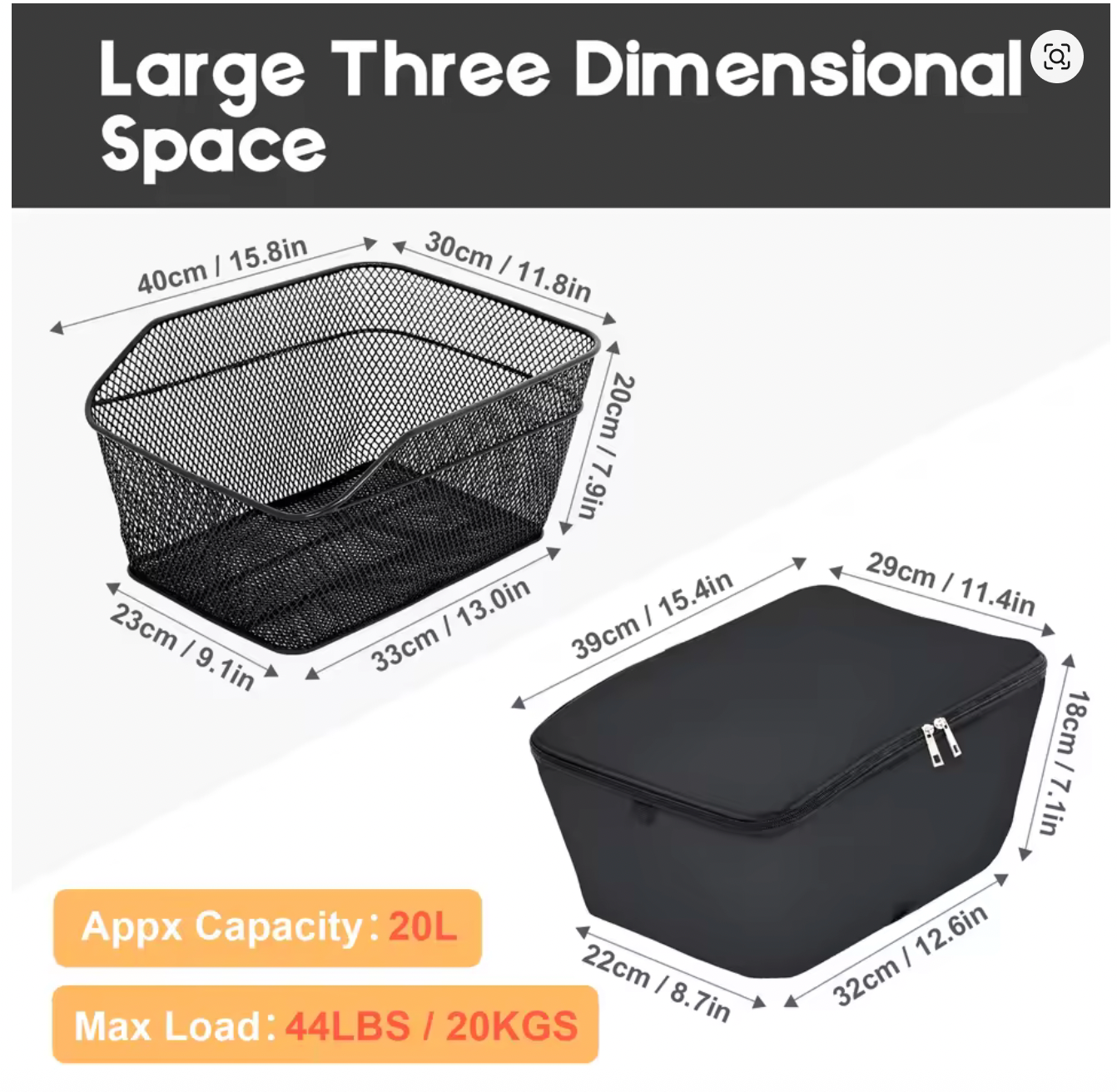 Rear Bike Basket Large Capacity Metal Wire Bicycle Basket with A Zippered Anti-wading Bag